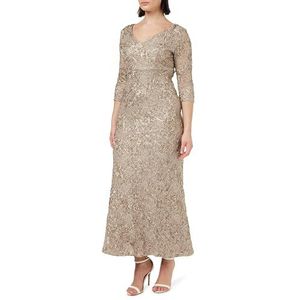 Gina Bacconi Lange jurk met geborduurde kanten V-hals en 3/4 mouwen, antiek goud, 14, Antiek Goud, 40