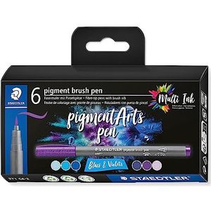 STAEDTLER Brush Pen Pigment Arts, Blues & Violets"", premium tekeninkt, penseelpunt voor variabele lijnbreedte, waterbestendig, 6 penseelstiften in gesorteerde kleuren in kartonnen etui, 371 C6-2