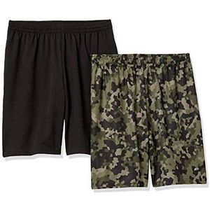 Amazon Essentials Performance Tech losse fit shorts voor heren (verkrijgbaar in groot en lang), pak van 2, zwart/groen geo camo, maat L