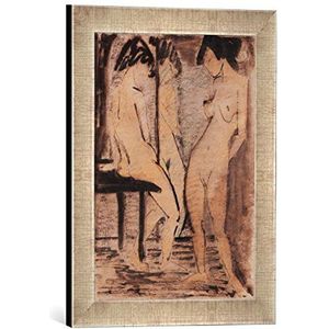 Ingelijste foto van Otto Mueller ""Drie meisjessnaakjes (twee meisjessnaakjes voor spiegel)"", kunstdruk in hoogwaardige handgemaakte fotolijst, 30x40 cm, zilver raya