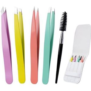 Alyvisun 5 Pcs Draagbaar Pincet voor Wenkbrauwen, Professioneel roestvrij staal Set van Professioneel Pincetten, Textured Anti-Slip Coating, Geschikt voor Ingegroeid Haar(Colored)
