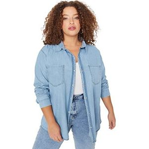 Trendyol Vrouwen Plus Size Getailleerde Basic Polo Neck Denim Plus Size Shirt,Blauw,42, Blauw, 68