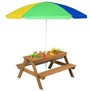 FANTASK 3-in-1 kinderpicknicktafel, tuintafel met parasol en banken, houten zitgroep met afneembaar tafelblad en 2 speelboxen, geel