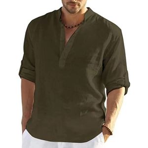 PADOLA Linnen overhemd heren lange mouwen henley shirt heren zomer hemd strandhemd linnen vrijetijdshemden linnen shirt mannen, legergroen, S