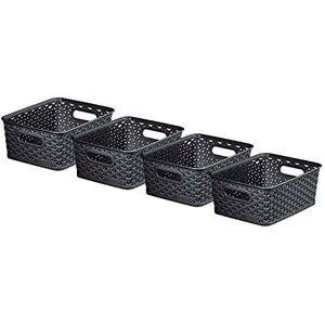 Curver My Style Rotan Effect Set van 4 keuken, woonkamer, badkamer, slaapkamer, utility kleine rechthoekige opbergmanden 4 liter - antraciet, donkergrijs