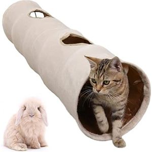 LeerKing kattentunnel konijnentunnel kattenspeeltunnel konijn speeltunnel ritseltunnel voor katten knaagdieren kleine dieren 2 grotten beige 115 * 25cm