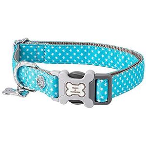 HUGO & HUDSON Nylon hondenhalsband met snelsluiting veiligheid plastic botgesp - zachte, comfortabele gewatteerde huisdierkraag - turquoise sterprint - extra klein