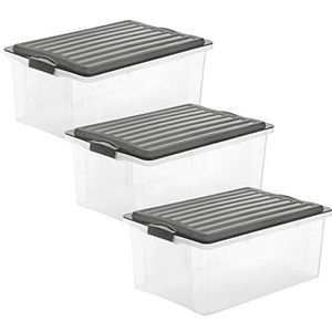 Rotho, Compact, Set van 3 opbergboxen 38l met deksel, Kunststof (PP) BPA-vrij, antraciet/transparant, 3 x A3/38l (57,5 x 40,0 x 32,3 cm)