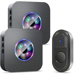 Draadloze deurbel, draadloze set, 300 m bereik, IP55, waterdicht, huisdeurbel met 2 plug-in-ontvangers, 55 melodieën, 5 volumeniveaus, RGB-licht