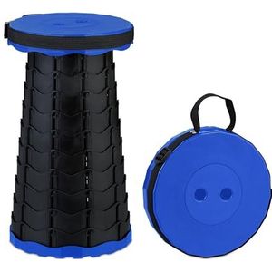 Relaxdays telescopisch krukje, opvouwbaar, draagriem, 100 kg, H x B x D: 44,5x25x25 cm, campingkruk, blauw-zwart
