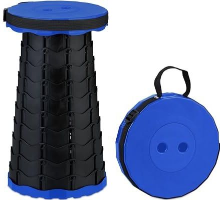 Relaxdays telescopisch krukje, opvouwbaar, draagriem, 100 kg, H x B x D: 44,5x25x25 cm, campingkruk, blauw-zwart