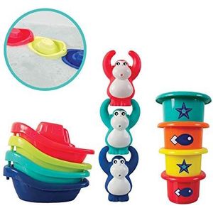 LUDI - Set met waterspelen, 3 spuitbussen + 4 kleurrijke boten + 4 glazen met gat – badspeelgoed voor baby's – hulp bij de ontwikkeling van de behendigheid – vanaf 10 maanden
