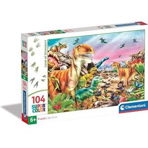 Clementoni - Supercolor Land of Dinosaurs-104 stukjes kinderen 6 jaar, puzzel dieren, dinosaurus, illustratie, Made in Italy, meerkleurig, 25768