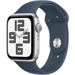 Apple Watch SE (2e generatie, 2023) (GPS 44 mm) Smartwatch - Kast van zilverkleurig aluminium - Stormblauw sportbandje S/M. Conditie en slaap bijhouden, ongelukdetectie, hartritme monitoren