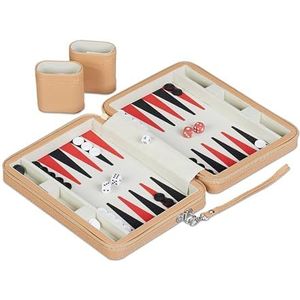 Relaxdays backgammon reiseditie, met etui, incl. accessoires, HBD: 5,5x24x18 cm, kunstleer, bordspel, bruin