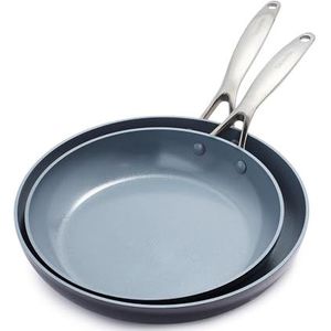 GreenPan Valencia Pro Harde Geanodiseerde Gezond Keramisch Antiaanbaklaag 26 cm & 30 cm Koekenpannenset, PFAS-Vrij, Inductie, Vaatwasmachinebestendig, Ovenveilig, Grijs