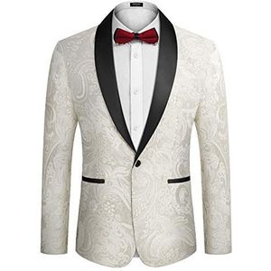 COOFANDY Heren Bloemen Jurk Pak Luxe Geborduurde Bruiloft Blazer Diner Smoking Jas voor Feest, Wit, M