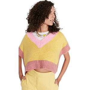Trendyol Dames V-hals Colorblock Regular Sweater Vest, Geel, M, Geel, M