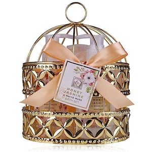 Accentra - doucheset dames cadeauset HONEY JASMINE in een mooie draadmand - 3-delige verzorgingsset met douchegel, bodylotion en badspons - wellness cadeauset voor verjaardagen, Valentijnsdag