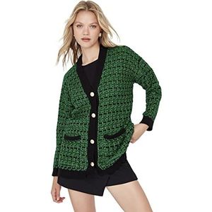 Trendyol Dames V-hals geruite oversized vest trui, groen, L, Groen, L