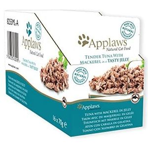 Applaws Natuurlijk Volwassen Kattenvoer met Premium Tonijn en Makreel in Lekkere Gelei - Verpakking van 16 x 70g Zakjes