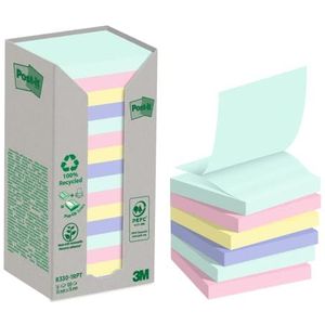 Post-it Recyclingnotities Verschillende kleuren, pak van 16 pads, 100 vellen per pad, 76 mm x 76 mm, groen, roze, blauw, geel - zelfklevende notities gemaakt van 100% gerecycled papier