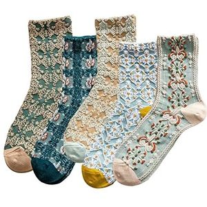 DXYAKY - Vintage Patroon - Sokken - Blauw - 75% Katoen, 20% Polyester, 5% Spandex, 5 Paar