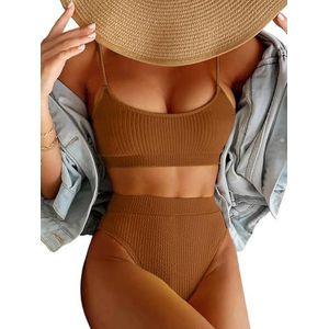 Lilosy Bikini met Hoge Taille, Buikcontrole, Geribbelde Bikini, Crop Top, Braziliaans Badpak, 2-delig, Bruin, M