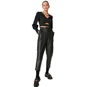 Trendyol Zwarte broek met knopen voor dames, Zwart, 60