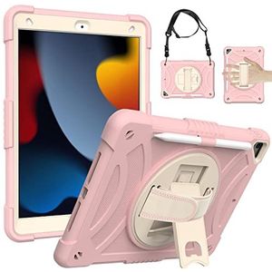 Hoesje voor iPad 9e/8e/7e generatie, hoesje voor iPad 10,2-inch 2021/2020/2019 met potloodhouder Kickstand Hand/Schouderriem Beschermende Tablet Cover - Roze Roze