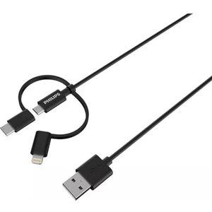 Philips DLC3106T/03 3-in-1 multi-oplaadkabel - Apple iPhone oplaadkabel Lightning - USB-C kabel - micro-USB-kabel - 2 meter - zwart
