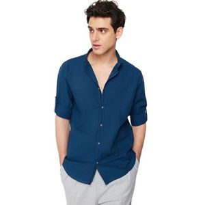 Trendyol Mannelijk Slim Standaard Shirt Kraag Geweven Shirt, Indigo, XXL