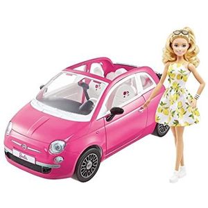 Barbie pop en Fiat 500 auto, roze vierpersoonsauto, met Barbie pop met outfit en accessoires, cadeau voor kinderen van 3 tot 7 jaar oud