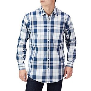 Amazon Essentials Men's Casual poplin overhemd met normale pasvorm en lange mouwen, Vintage indigo Wit Plaid, S