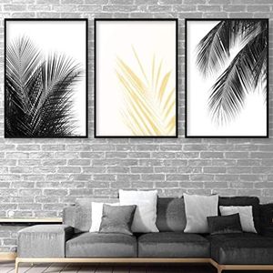 Artze Wall Art Botanische palmvaren bladeren kunstafdrukken Muurdecoratie 3-delige set, 30 cm breedte x 40 cm hoogte, zwart/geel