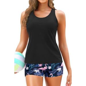 Yonique 3 Piece Tankini Swimsuits for Women Bathing Suits with Boy Shorts and Swim Tank Top Bra Modest Swimwear Black Flamingo XL