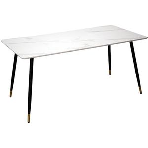 DRW Eettafel van hout met marmereffect en metaal, zwart en wit, 160 x 80 x 76 cm