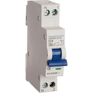 Compacte magnetische thermische schakelaar 1P+N, 16 A, intrekbaar, CBMM1N16, beschermt je elektrische installatie tegen overbelasting en kortsluiting, optimaliseert de ruimte in de schakelkast.