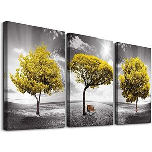 Set van 3 canvas op lijst - Landschap met een gele boom - Moderne wanddecoratie voor woonkamer, slaapkamer, keuken