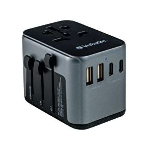 Verbatim Universele reisadapter UTA‑03, stekkeradapter met 2 USB‑A en 3 USB-C poorten, reisstekker voor laptop, mobiele telefoon, camera en co, wereldwijd inzetbaar, 100-250 V