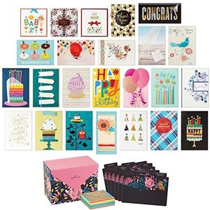 Hallmark Set van 24 handgemaakte geassorteerde wenskaarten in doos, moderne bloemen-verjaardag/babyborrelkaarten, bruiloft/sympathiekaarten, denk aan u/bedankkaarten