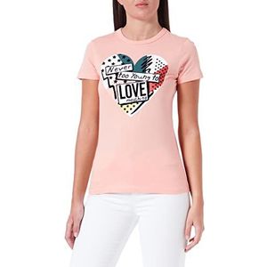 Love Moschino Dames slim fit korte mouwen met patchwork hart print T-shirt, roze, 44