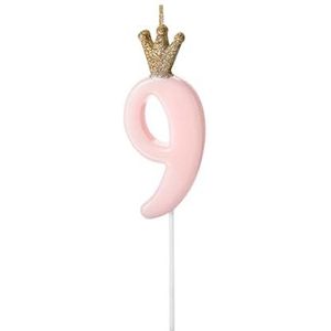 Kaars in de vorm van het getal 9 voor verjaardagstaarten, roze kaars met gouden glitterkroon voor meisjes, feest, jubileum