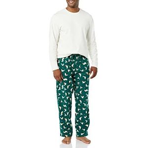 Amazon Essentials Flanellen pyjamaset voor heren (verkrijgbaar in groot en lang), eierschaal wit/groene zegel, XX-Large