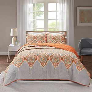 Comfort Spaces Lichtgewicht All Season Bedding Layer voor de winter, bijpassende shams, katoen, Mona Paisley Orange, Lime King