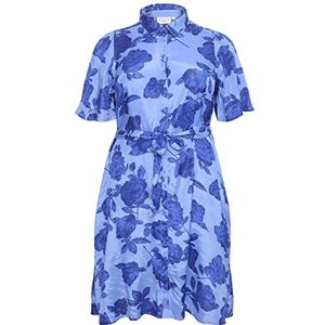 KAFFE CURVE Dames Plus-Size Shirt Zakken Taille Riem Shorts Mouwen Jurk, Blue Flower Print, 48/Grande, Blue Flower Print, 50 NL