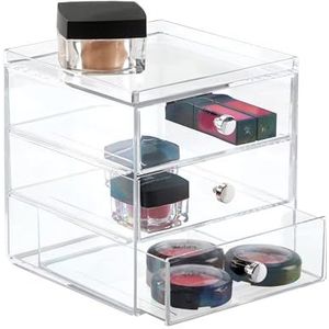 iDesign Ladebox voor cosmetica, compacte make-uporganizer met 3 laden van kunststof, stapelbare ladetoren voor make-up, cosmetica en meer, transparant, 1 x spiegel