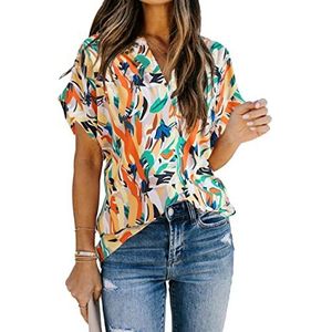Allimy Vrouwen Zomer Casual Split V-hals Chiffon Blouses Losse Tuniek Korte Mouw Dames Kleding Tops, X Multi Kleur Bloemen, L