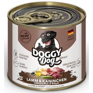 DOGGY Dog Paté lam en konijn, 6 x 200 g, nat voer voor honden, graanvrij hondenvoer met zalmolie en groenlipmossel, compleet voer met zoete aardappel en erwten, Made in Germany