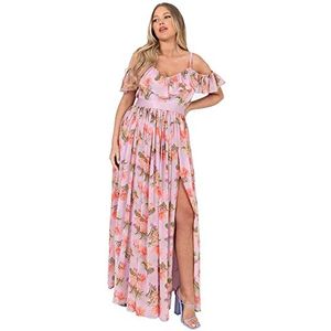 Anaya with Love Maxi-jurk voor dames met split en blote schouder, bardot, V-hals, met strikceintuur, tropische print, roze, zomer, Lila, 56
